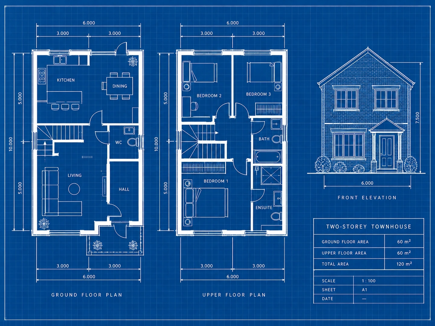 Blueprint of a two-story townhouse in white linework on a blue background