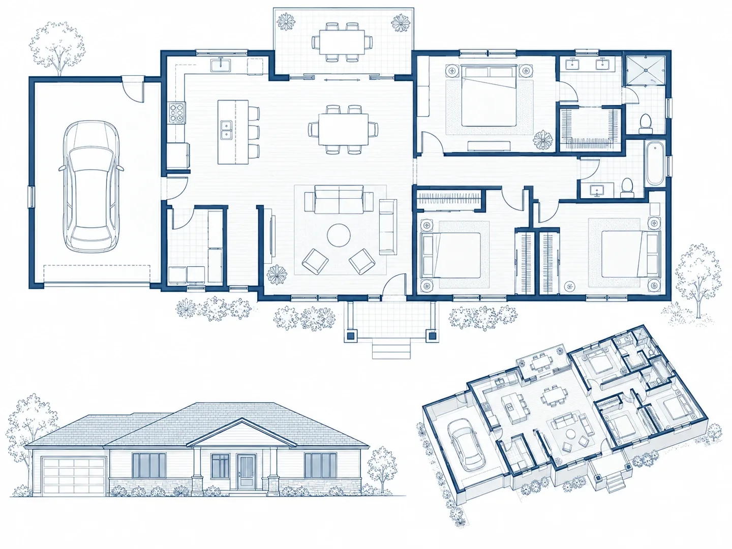 Floor plan generated by Floor Plan Maker shown as a 2D plan, a 3D view and an elevation sketch